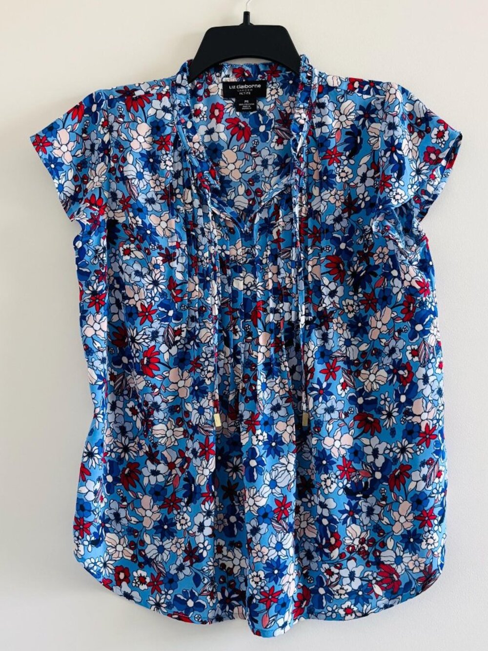 Liz Claiborne Patriotic Floral Flutter Sleeve Popover Top Womens Size PXL Petite